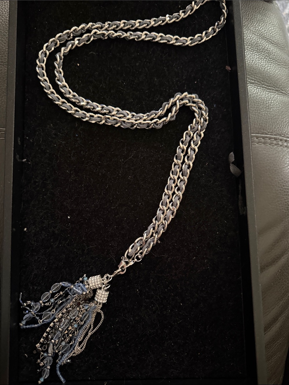 Premier Designs Long Gunmetal & Gray Suede Chain Tassel Statement Necklace